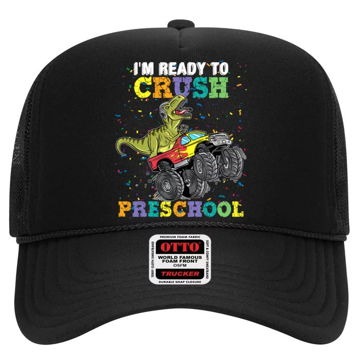 IM Ready To Crush Pre K Monster Truck Dinosaur T Rex Boy High Crown Mesh Trucker Hat