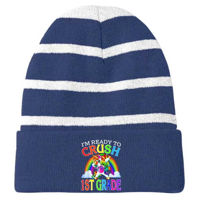 Im Ready To Crush 1st Grade Unicorn Back To School Striped Beanie with Solid Band