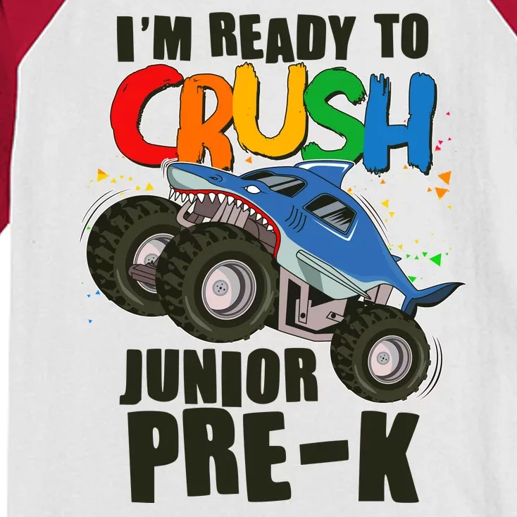 Im Ready To Crush Junior Pre K Shark Monster Truck Kids Colorblock Raglan Jersey