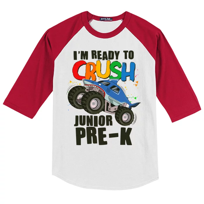 Im Ready To Crush Junior Pre K Shark Monster Truck Kids Colorblock Raglan Jersey