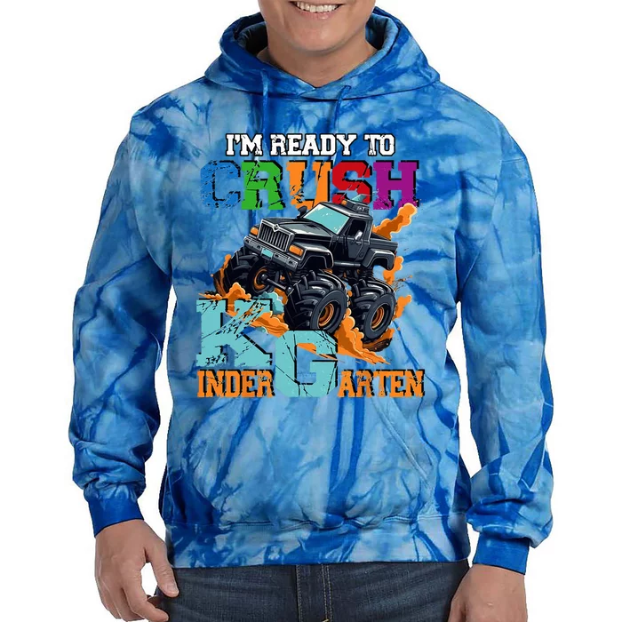 Im Ready To Crush Kindergarten Monster Truck Dinosaur Tie Dye Hoodie