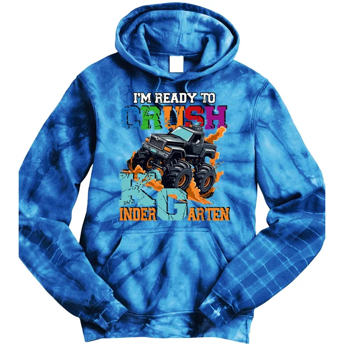 Im Ready To Crush Kindergarten Monster Truck Dinosaur Tie Dye Hoodie