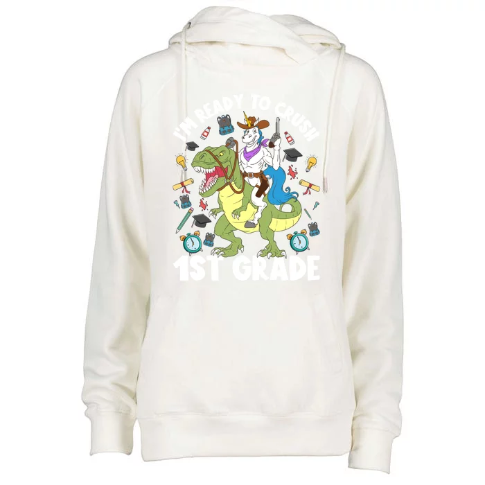 IM Ready To Crush 1st Grade School Unicorn Riding Dinosaur Cute Gift Womens Funnel Neck Pullover Hood