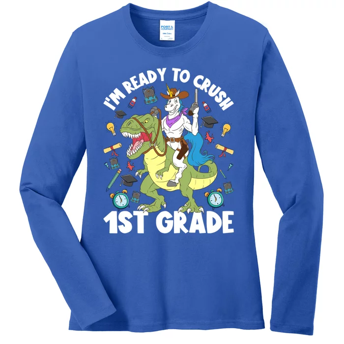 IM Ready To Crush 1st Grade School Unicorn Riding Dinosaur Cute Gift Ladies Long Sleeve Shirt