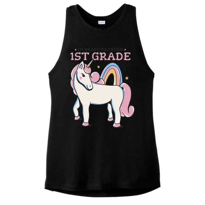 I'm Ready To Crush 1st Grade Rainbow Unicorn Ladies Tri-Blend Wicking Tank