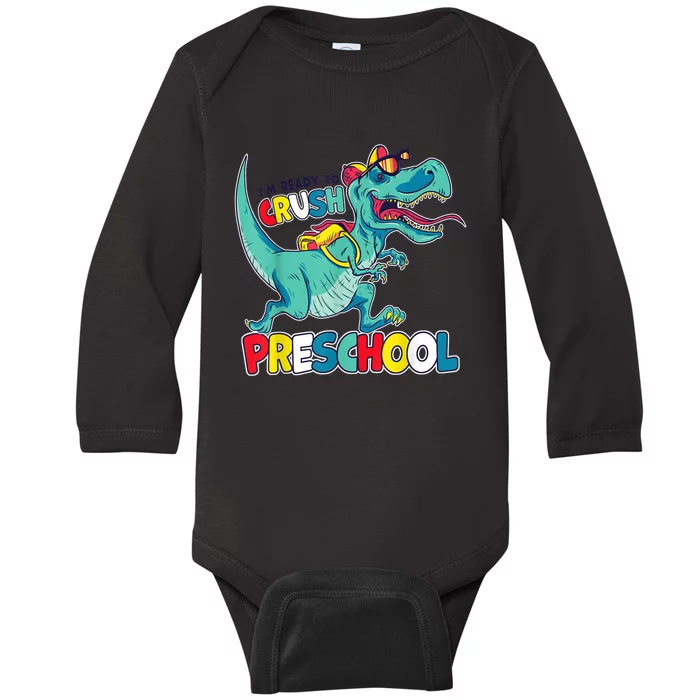 Im Ready To Crush Preschool Comic Style TRex Dinosaur Boy Baby Long Sleeve Bodysuit