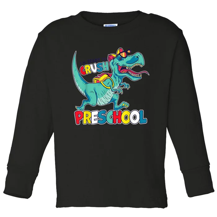 Im Ready To Crush Preschool Comic Style TRex Dinosaur Boy Toddler Long Sleeve Shirt