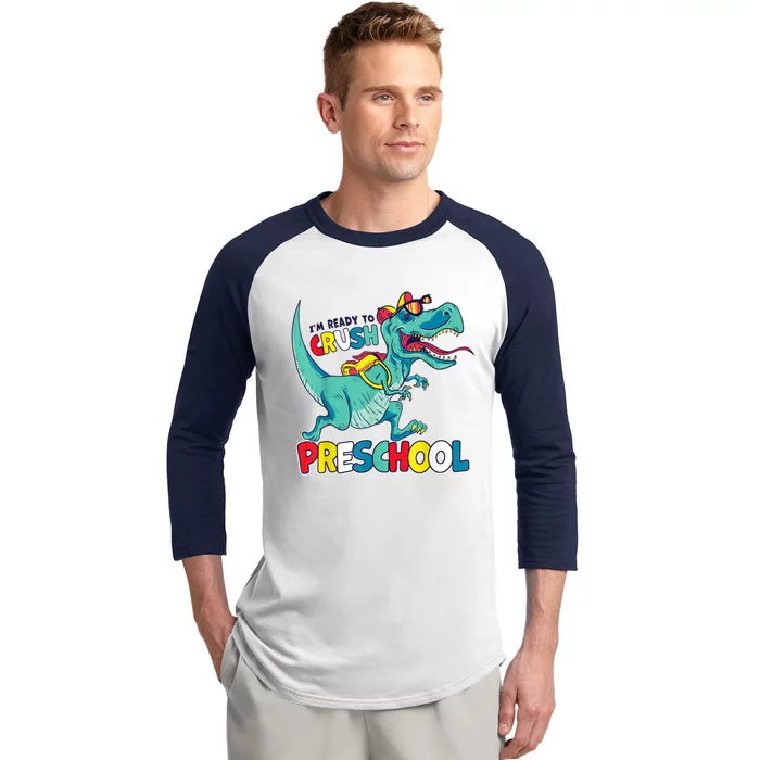 Im Ready To Crush Preschool Comic Style TRex Dinosaur Boy Baseball Sleeve Shirt