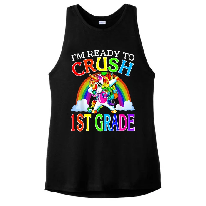 Im Ready To Crush 1st Grade Dabbing Unicorn Back To School Ladies Tri-Blend Wicking Tank