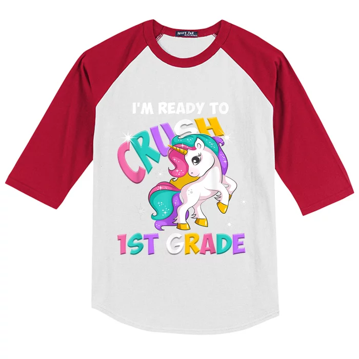 Im Ready To Crush 1st Grade Unicorn Back To School Kids Colorblock Raglan Jersey