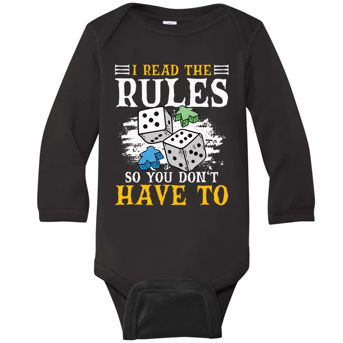 I Read The Rules Board Gaming Tabletop Board Game Meeple Baby Long Sleeve Bodysuit