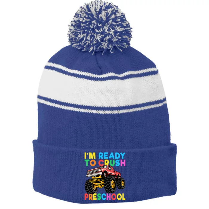 Im Ready To Crush PreSchool First Day Monster Truck Stripe Pom Pom Beanie