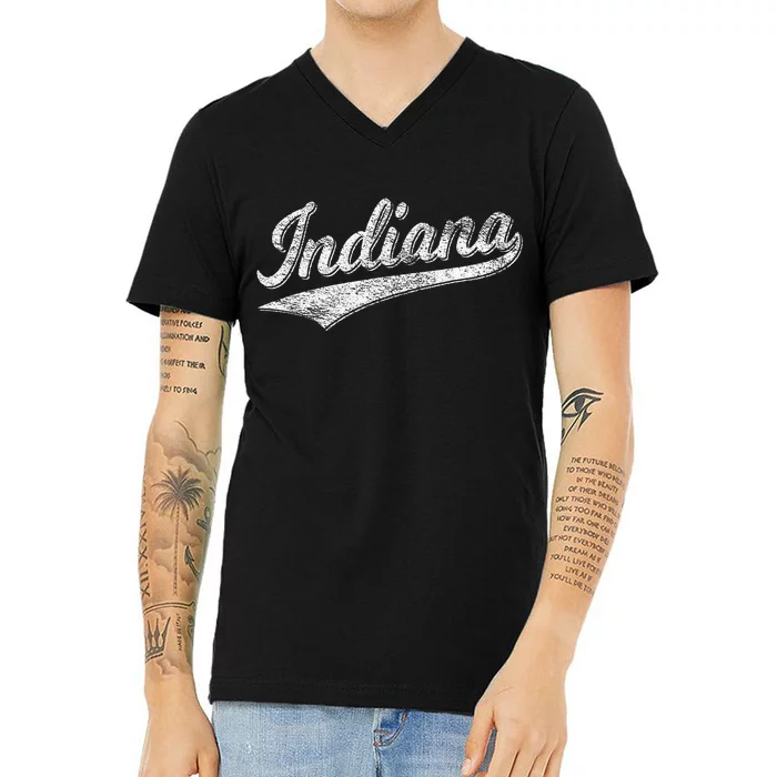 Indiana Retro Vintage Baseball Sports Script Flag Swoosh V-Neck T-Shirt