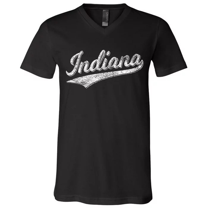 Indiana Retro Vintage Baseball Sports Script Flag Swoosh V-Neck T-Shirt