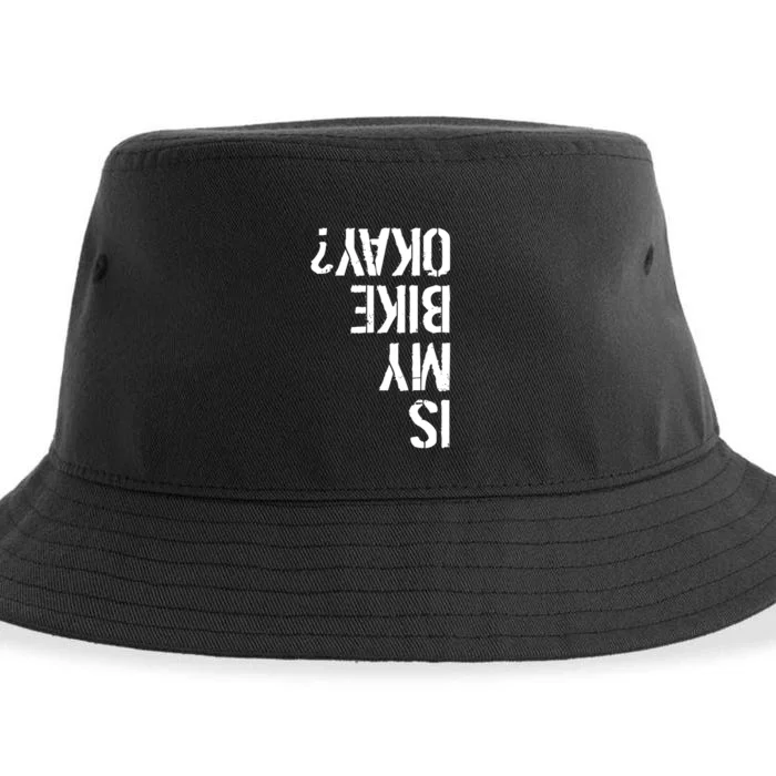 Is My Bike Okay? Upside Down Motorcycle Logo Sustainable Bucket Hat