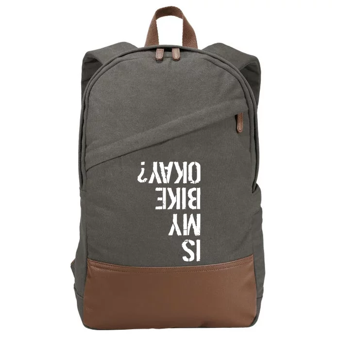 Is My Bike Okay? Upside Down Motorcycle Logo Cotton Canvas Backpack