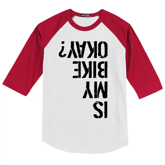 Is My Bike Okay? Upside Down Motorcycle Logo Kids Colorblock Raglan Jersey