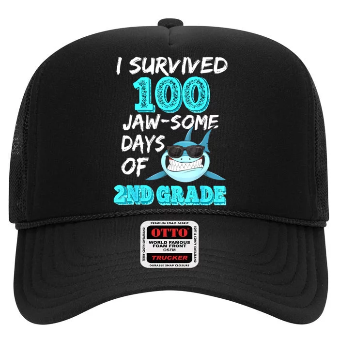 I Survived 100 Jawsome Days Of 2nd Grade 100 Days Of School High Crown Mesh Trucker Hat