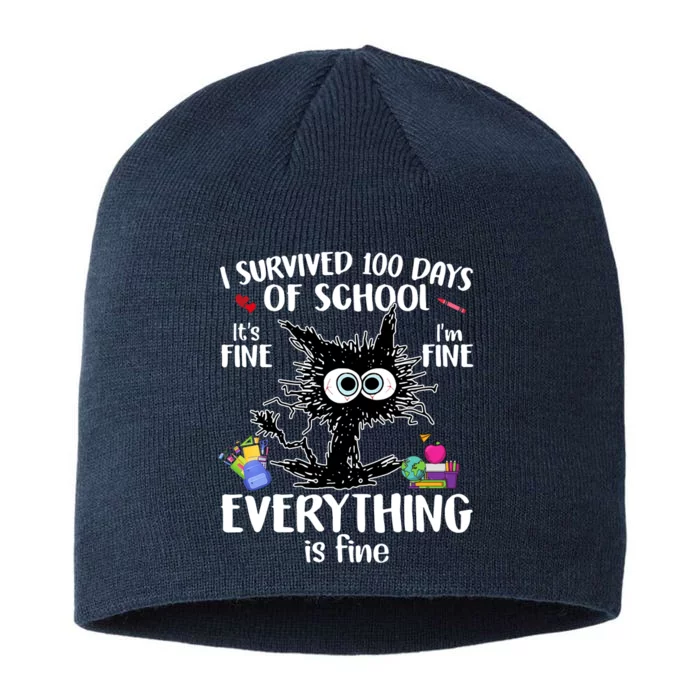 I Survived 100 Days Of School Everything Is Fine Funny Cat 8 1/2in Sustainable Knit Beanie