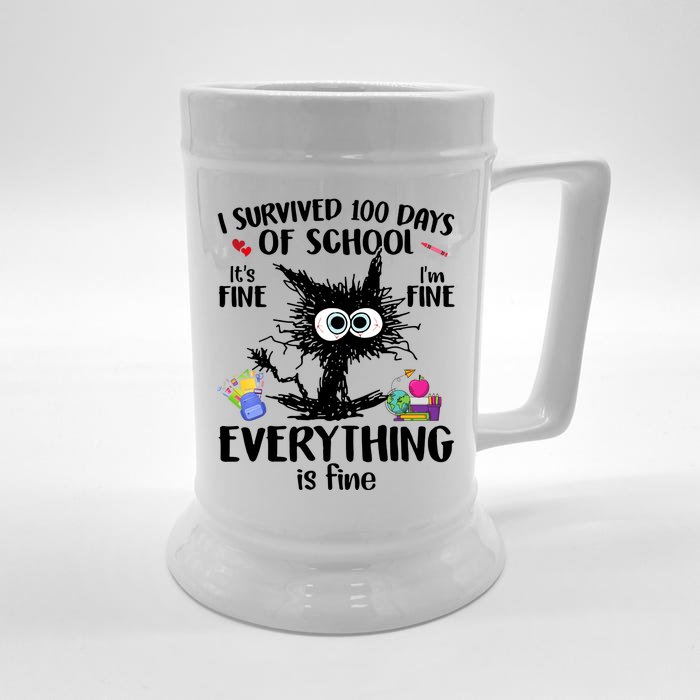 I Survived 100 Days Of School Everything Is Fine Funny Cat Front & Back Beer Stein