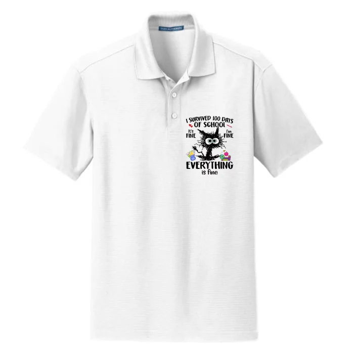 I Survived 100 Days Of School Everything Is Fine Funny Cat Dry Zone Grid Performance Polo