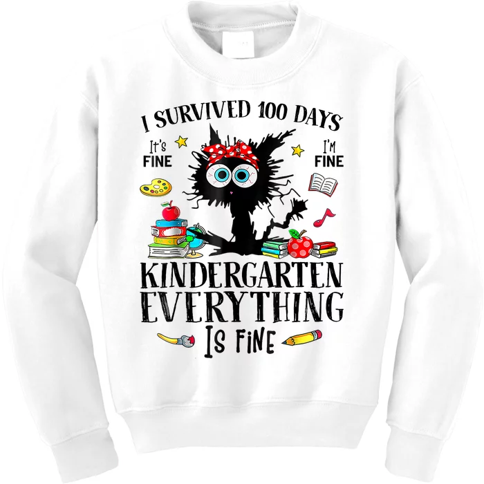 I Survived 100 Days Of Kindergarten Teacher & Student Funny Cat Kids Sweatshirt