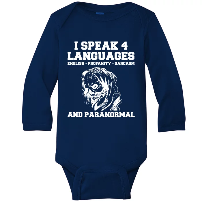 I Speak 4 Languages Paranormal Ghost Hunting Baby Long Sleeve Bodysuit