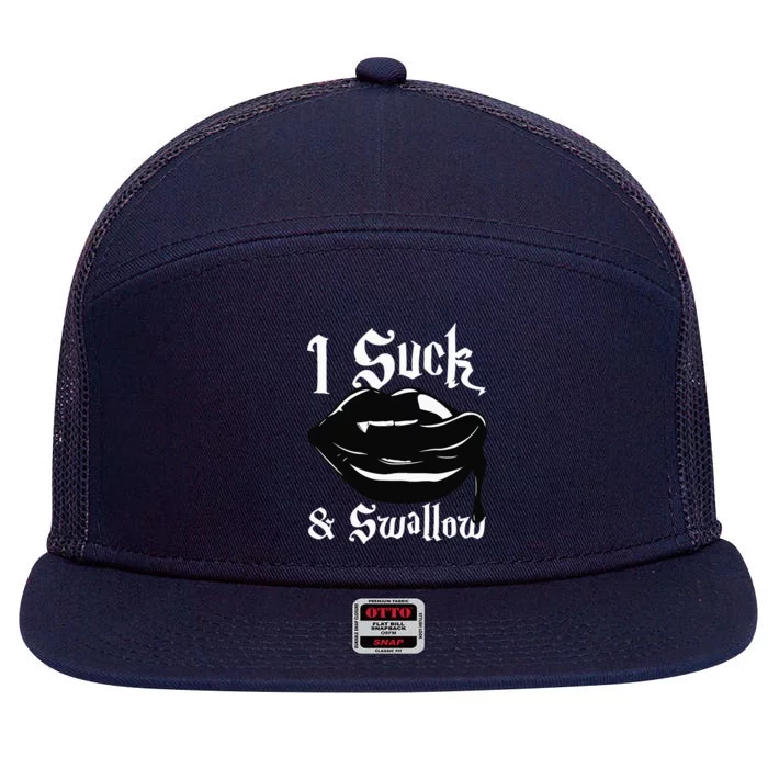 I Suck And Swallow Sexy Vampire Fangs Halloween Costume 7 Panel Mesh Trucker Snapback Hat