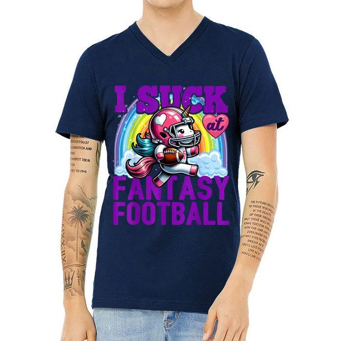 I Suck At Fantasy Football Unicorn Rainbow Loser V-Neck T-Shirt