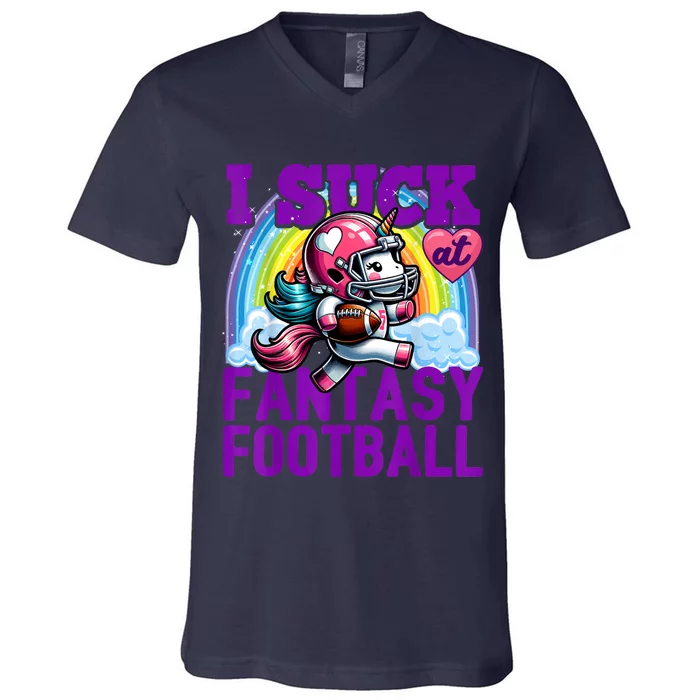 I Suck At Fantasy Football Unicorn Rainbow Loser V-Neck T-Shirt