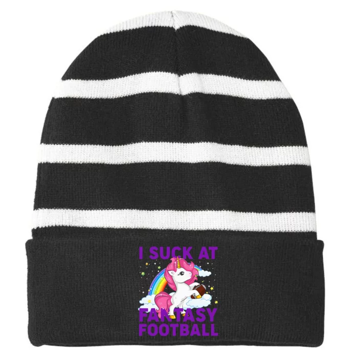 I Suck At Fantasy Football Pink Unicorn Rainbow Striped Beanie with Solid Band