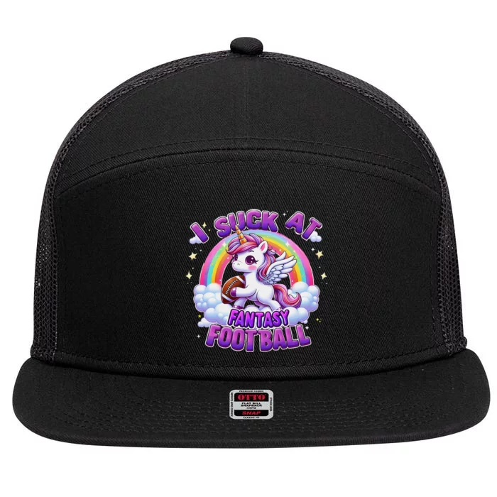 I Suck At Fantasy Football Funny Unicorn Rainbow Loser Gift 7 Panel Mesh Trucker Snapback Hat