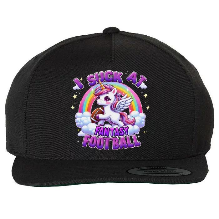 I Suck At Fantasy Football Funny Unicorn Rainbow Loser Gift Wool Snapback Cap