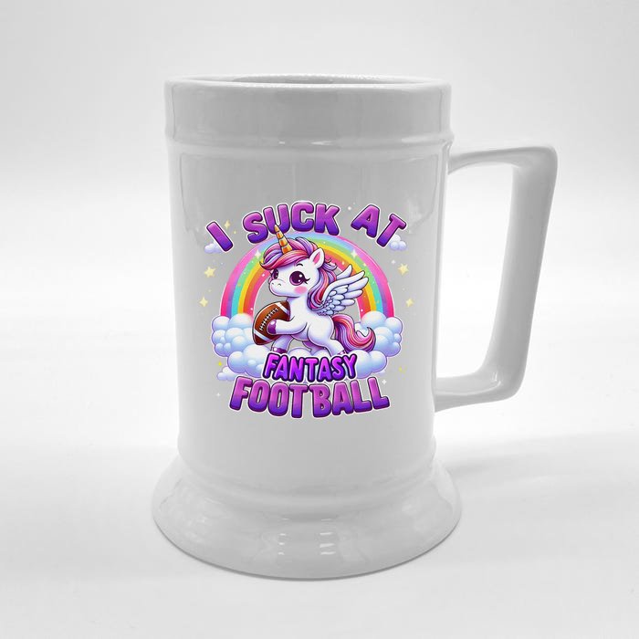 I Suck At Fantasy Football Funny Unicorn Rainbow Loser Gift Front & Back Beer Stein