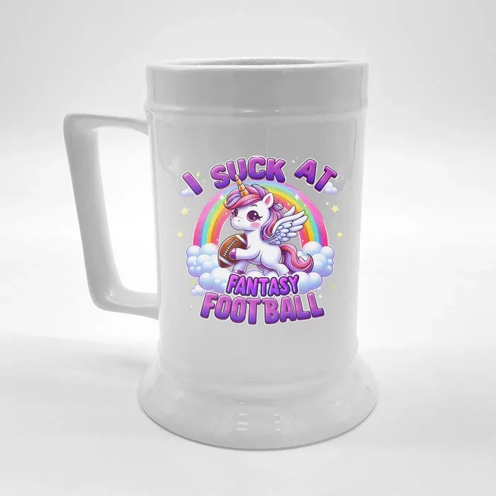 I Suck At Fantasy Football Funny Unicorn Rainbow Loser Gift Front & Back Beer Stein