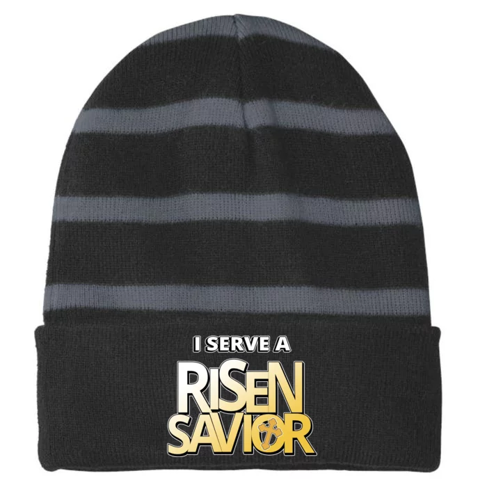 I Serve A Risen Savior Christian Faith Striped Beanie with Solid Band