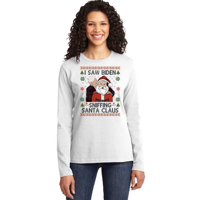 I Saw Biden Sniffing Santa Claus Funny Christmas Political Ladies Long Sleeve Shirt