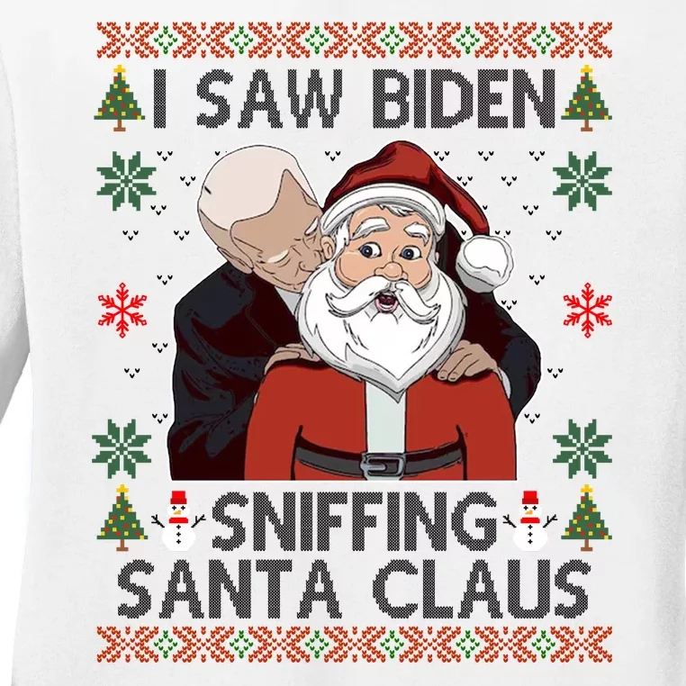 I Saw Biden Sniffing Santa Claus Funny Christmas Political Ladies Long Sleeve Shirt