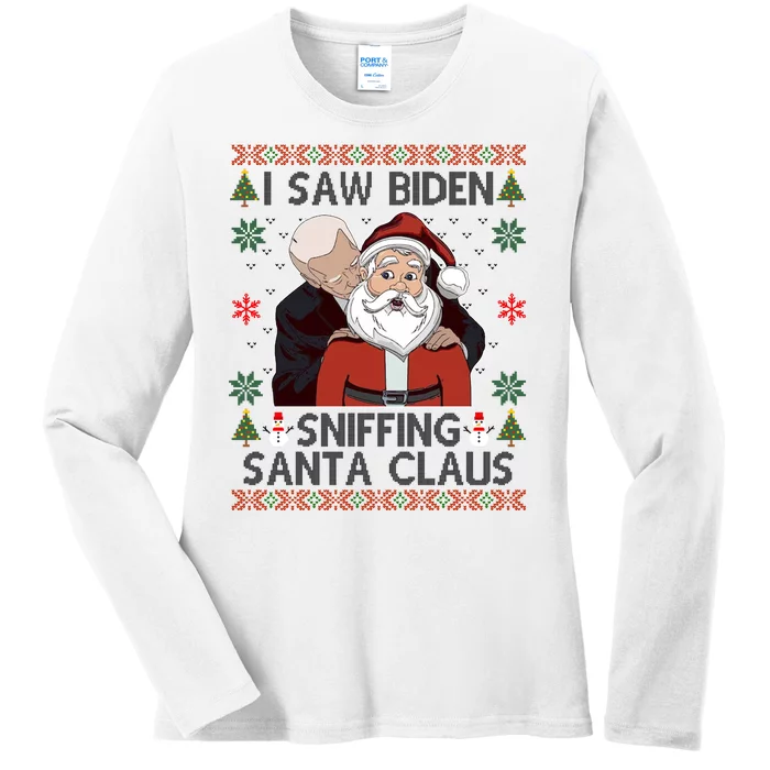 I Saw Biden Sniffing Santa Claus Funny Christmas Political Ladies Long Sleeve Shirt