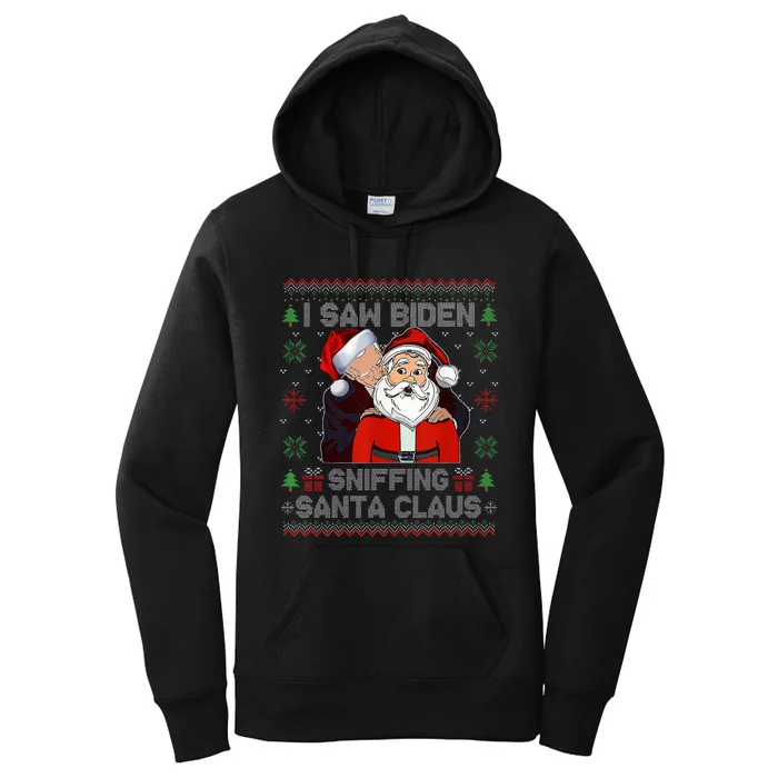 I Saw Biden Sniffing Santa Claus Funny Biden Ugly Xmas Women's Pullover Hoodie