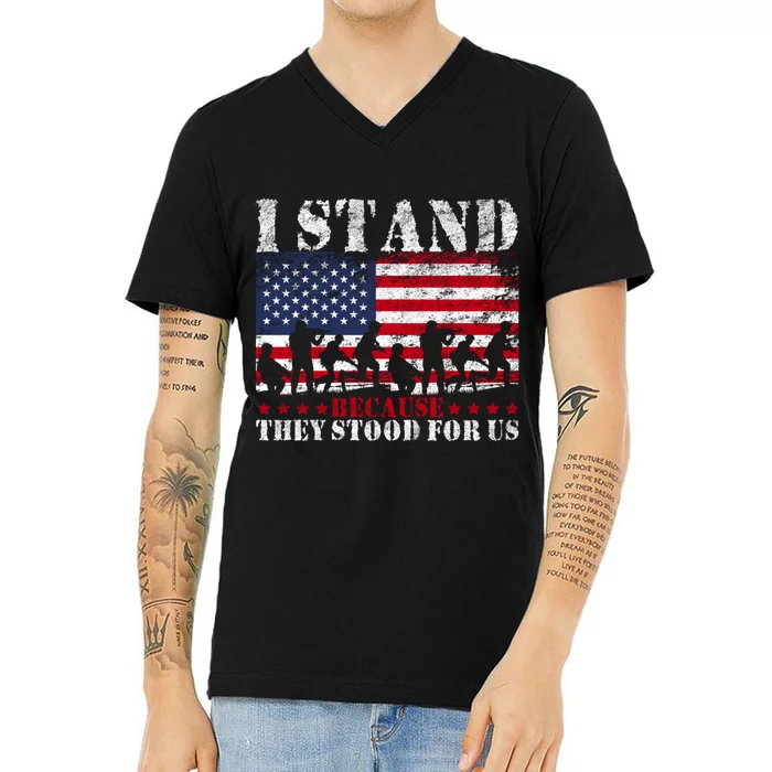 I Stand Because They Stood For Us American Flag V-Neck T-Shirt