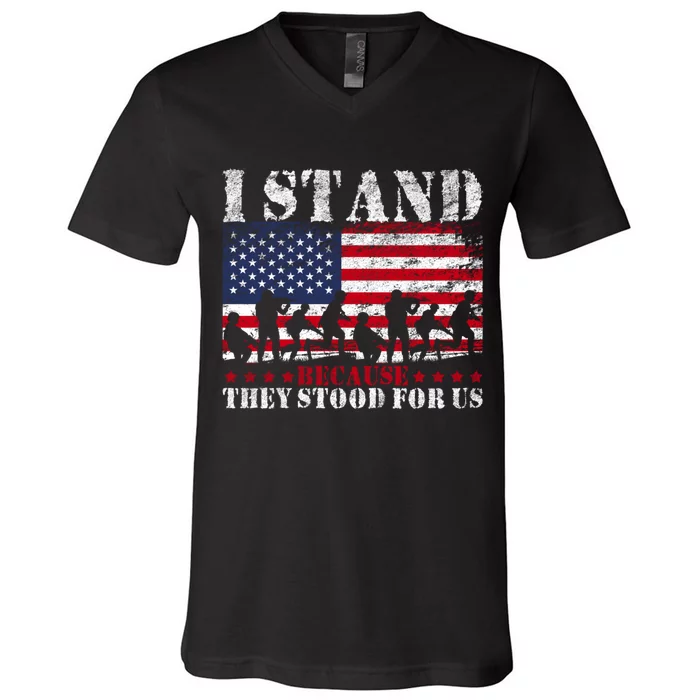 I Stand Because They Stood For Us American Flag V-Neck T-Shirt