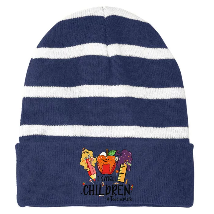 I Smell Children Teacher Halloween Spooky Trick Or Teach Striped Beanie with Solid Band