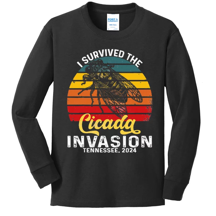 I Survived Cicada Invasion Tennessee 2024 Retro Cicada Bugs Kids Long Sleeve Shirt