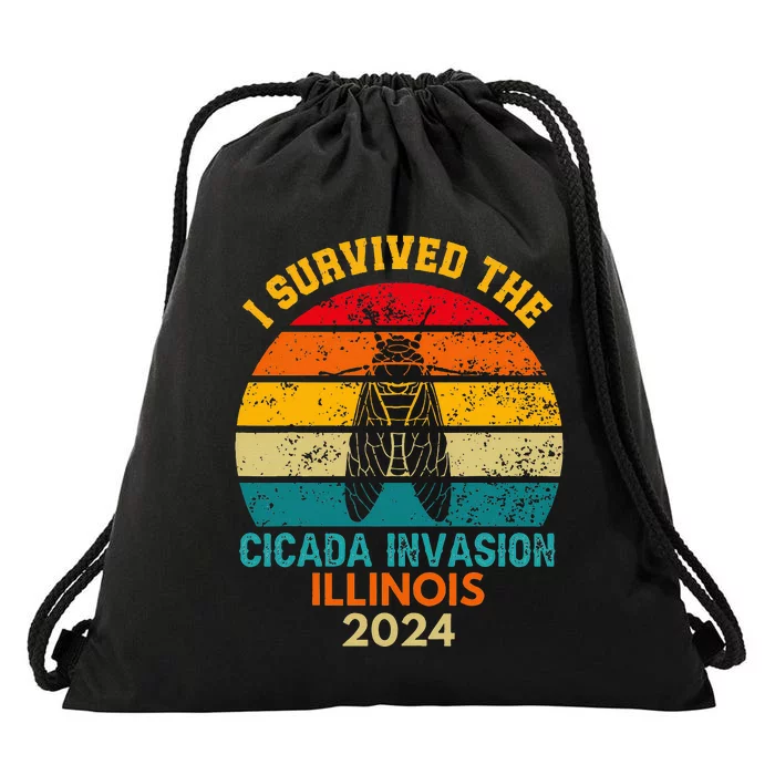 I Survived Cicada Invasion Illinois 2024 Cigada Summer Drawstring Bag