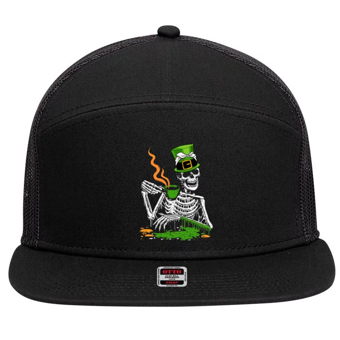 Irish Skeleton Drinking Coffee St Patricks Day Funny Bones 7 Panel Mesh Trucker Snapback Hat