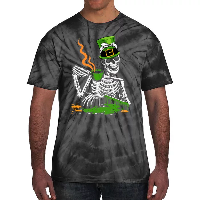 Irish Skeleton Drinking Coffee St Patricks Day Funny Bones Tie-Dye T-Shirt