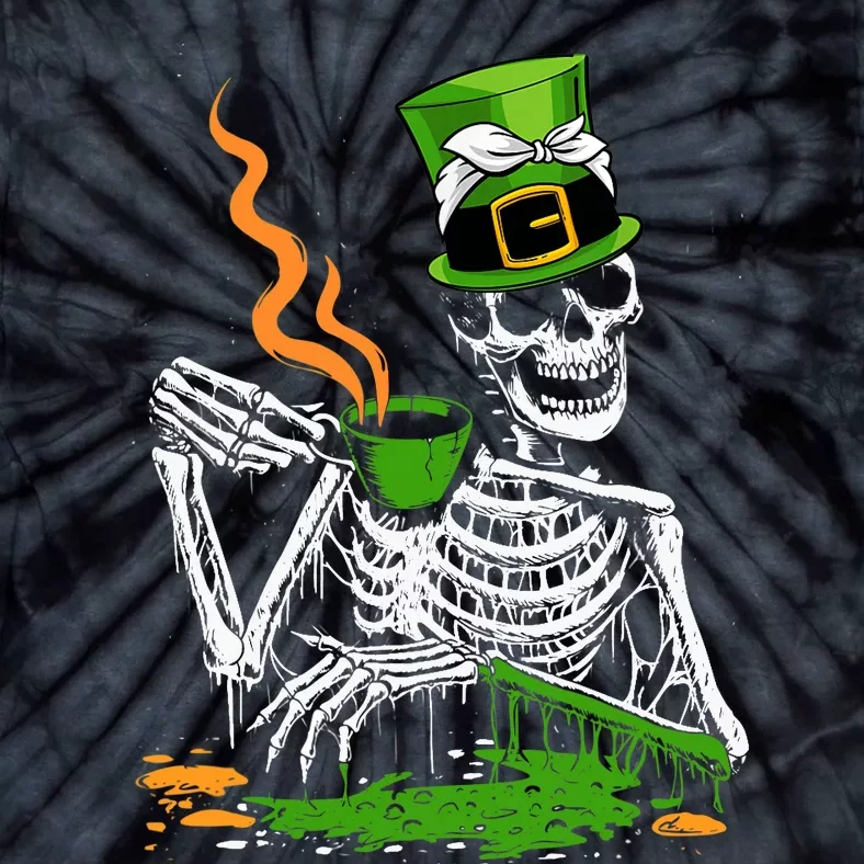 Irish Skeleton Drinking Coffee St Patricks Day Funny Bones Tie-Dye T-Shirt