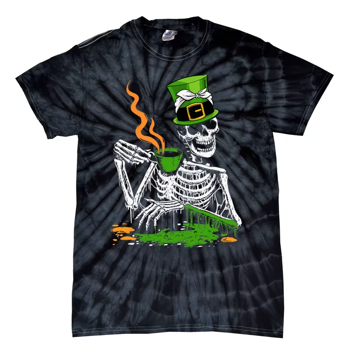 Irish Skeleton Drinking Coffee St Patricks Day Funny Bones Tie-Dye T-Shirt