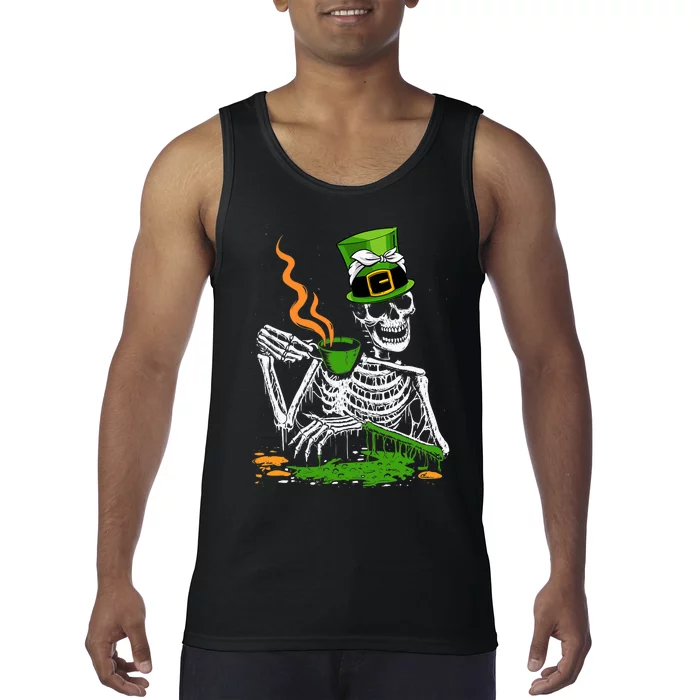 Irish Skeleton Drinking Coffee St Patricks Day Funny Bones Tank Top